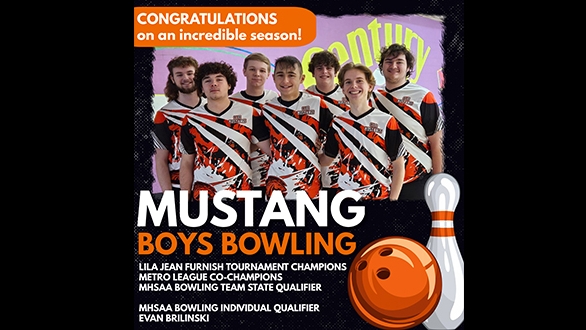 Graphic showing boys bowling team with congratulatiosn message