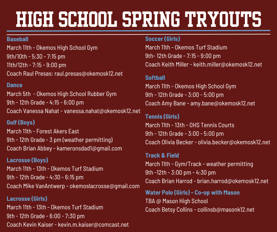 Spring Sports Tryouts - click HERE for more Information - Content Image for okemoshighschool_bigteams_17796