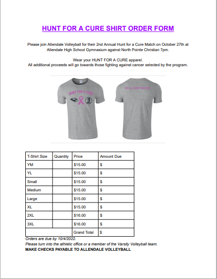 Please come out and support your Lady Falcons at their HUNT FOR A CURE MATCH against North Pointe Christian on 10/27.  Start time 7pm.  Support a good cause by purchasing a HUNT FOR A CURE T-shirt.
