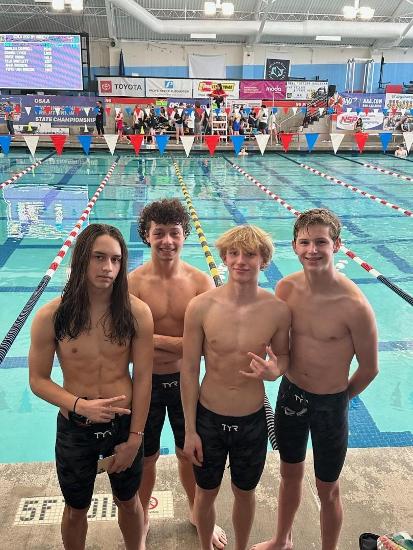                 
                  The team of Cody Martin, Makaio Potts, River Delco and Quin Davis finished fourth in the 200 freestyle relay.                 
              
                
              