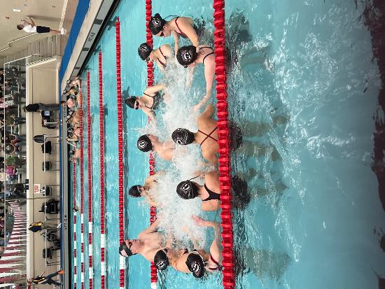 The high school swim team warms up in the pool.						
						