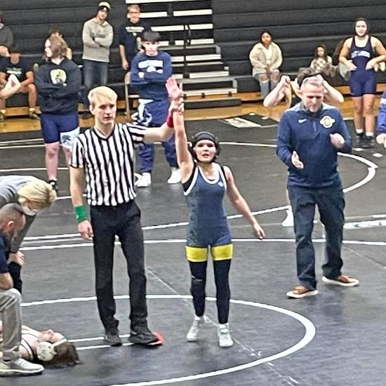 Everyone on was on their feet after Kloe Hayes wins her first Varsity match by pin.						
						