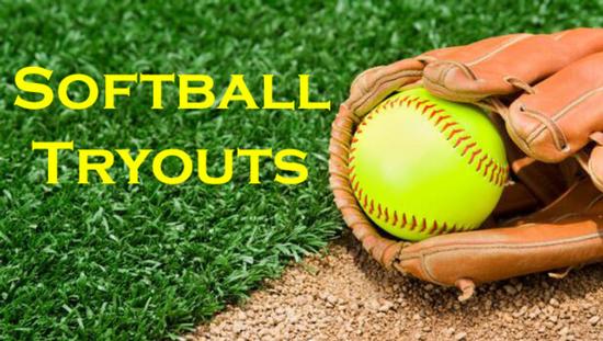 Picture of a glove and softball on grass with the words softball tryouts surrounding.